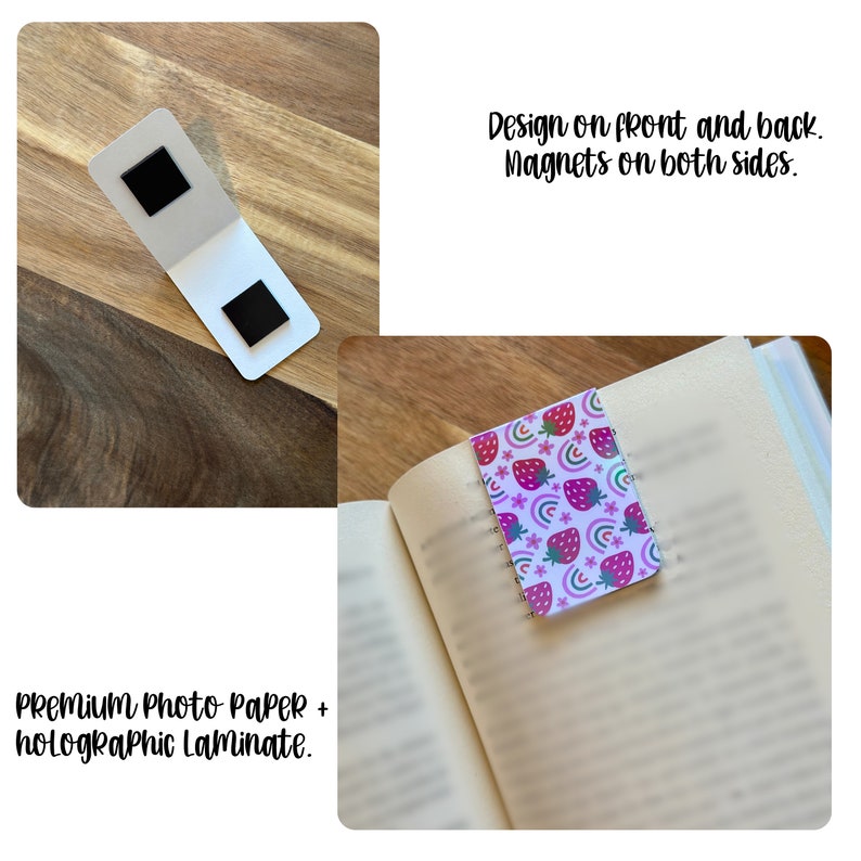 Puede incluir: Un marcap&aacute;ginas con un acabado laminado hologr&aacute;fico que presenta un patr&oacute;n rosa y blanco de fresas y arco&iacute;ris. El marcap&aacute;ginas tiene imanes en ambos lados y est&aacute; dise&ntilde;ado para ser utilizado por ambos lados.