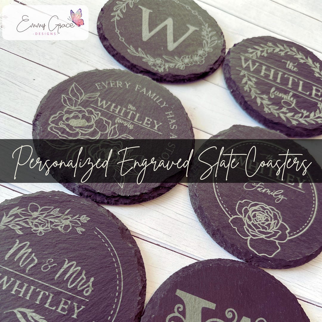 Personalized Round Engraved Slate Coasters Custom Family Name Coaster ...