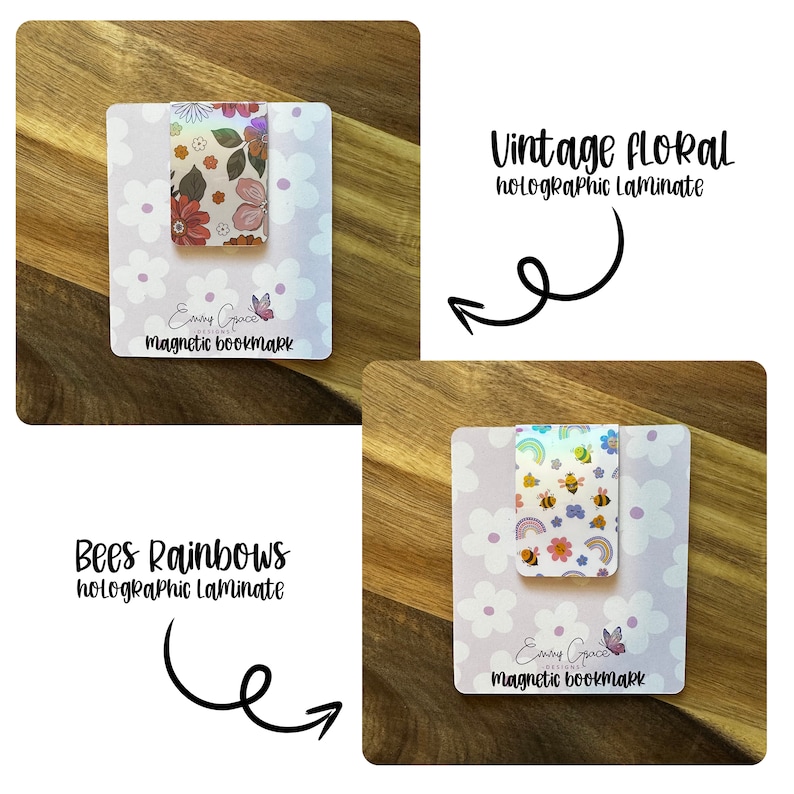 Puede incluir: Dos marcadores magn&eacute;ticos con acabado laminado hologr&aacute;fico. El primer marcador presenta un dise&ntilde;o floral vintage con flores rosas, rojas y naranjas. El segundo marcador presenta un dise&ntilde;o de abejas y arco&iacute;ris con colores amarillos, azules y verdes. Ambos marcadores tienen un fondo blanco con un patr&oacute;n floral morado claro.