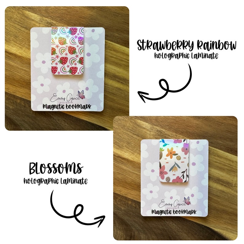 Puede incluir: Dos marcadores magn&eacute;ticos con acabado laminado hologr&aacute;fico. El primer marcador presenta un dise&ntilde;o de fresa y arco&iacute;ris con el texto "Strawberry Rainbow holographic Laminate". El segundo marcador presenta un dise&ntilde;o floral con el texto "Blossoms holographic Laminate". Ambos marcadores tienen el texto "Emmy Grace Designs Magnetic Bookmark" en la parte inferior.