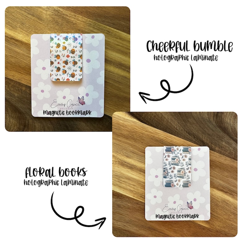 Puede incluir: Dos imanes para marcap&aacute;ginas con fondo blanco y dise&ntilde;o floral. El marcap&aacute;ginas superior presenta un patr&oacute;n de abejas y flores con el texto "Cheerful Bumble Holographic Laminate". El marcap&aacute;ginas inferior presenta una pila de libros con el texto "Floral Books Holographic Laminate". Ambos marcap&aacute;ginas tienen el texto "Emmy Grace Designs Magnetic Bookmark".