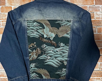 Japanese Kimono, Denim Jacket, Upcycled Kimono Jacket, Dragon & Hawk , Japanese Wave Pattern, One of a Kind Unisex Jacket
