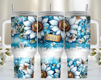 May include: A white tumbler with a blue and white floral design and the word "MAMA" in gold lettering. The tumbler has a lid and a straw.