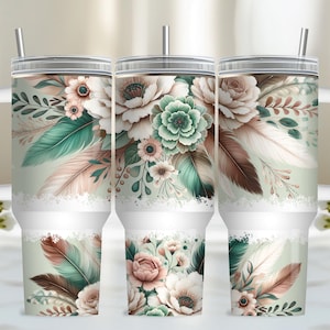Pastel Flower Wrap for 40oz Tumbler, Boho Floral PNG Tumbler Design, Feather Sublimation Designs for 40 oz Tumbler Mothers Day Tumbler