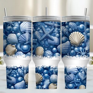 Tumbler Wrap da 40 once con conchiglia sulla spiaggia, design del tumbler PNG, download di design per sublimazione, design del tumbler con sublimazione costiera con manico
