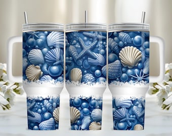 Envoltura para vaso de 40 oz con diseño de concha de playa, descargas de diseños de sublimación PNG, diseño de sublimación costera con envoltura para asa
