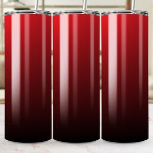 May include: Three red and black ombre stainless steel tumblers with silver lids and straws. The tumblers have a glossy finish and a cylindrical shape. The color transitions from red at the top to black at the bottom.