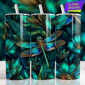 Dragonfly Floral 20oz Skinny Tumbler Wrap, Seamless Tumbler Design, Bug Tumbler Png, Nature Tumbler, Floral Tumbler Wrap, Tumbler