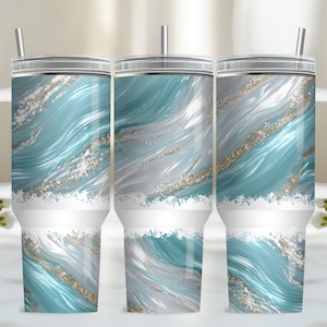 Faux Marble 40oz Tumbler Wrap, PNG Tumbler Design Sublimation Design Downloads, Teal Sublimation Design Tumbler with Handle Wrap
