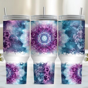 Tie Dye 40oz Tumbler Wrap, PNG Tumbler Design Sublimation Designs Downloads, Teal Purple Floral Sublimation Tumbler with Handle Wrap