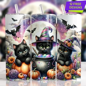 May include: Three Halloween-themed tumblers with black cats wearing witch hats, sitting on pumpkins. The tumblers feature bats, a full moon, and the text "12 FREE DESIGNS". The design includes purple, orange, and black colors.