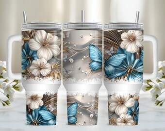 Teal Butterfly 40oz Tumbler Wrap, PNG Tumbler Design Sublimation Designs Downloads, Flower Butterfly Sublimation Tumbler with Handle Wrap