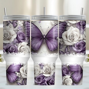 Purple Butterfly 40oz Tumbler Wrap, PNG Tumbler Design Sublimation Designs Downloads, Flower Butterfly Sublimation Tumbler with Handle Wrap image 1