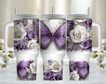 Purple Butterfly 40oz Tumbler Wrap, PNG Tumbler Design Sublimation Designs Downloads, Flower Butterfly Sublimation Tumbler with Handle Wrap