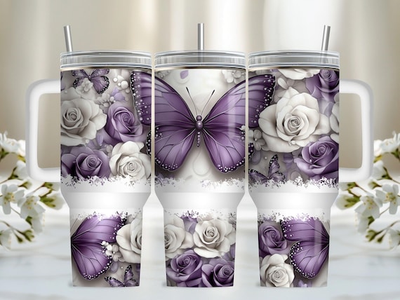 Purple Butterfly 40oz Tumbler Wrap, PNG Tumbler Design Sublimation Designs Downloads, Flower Butterfly Sublimation Tumbler with Handle Wrap