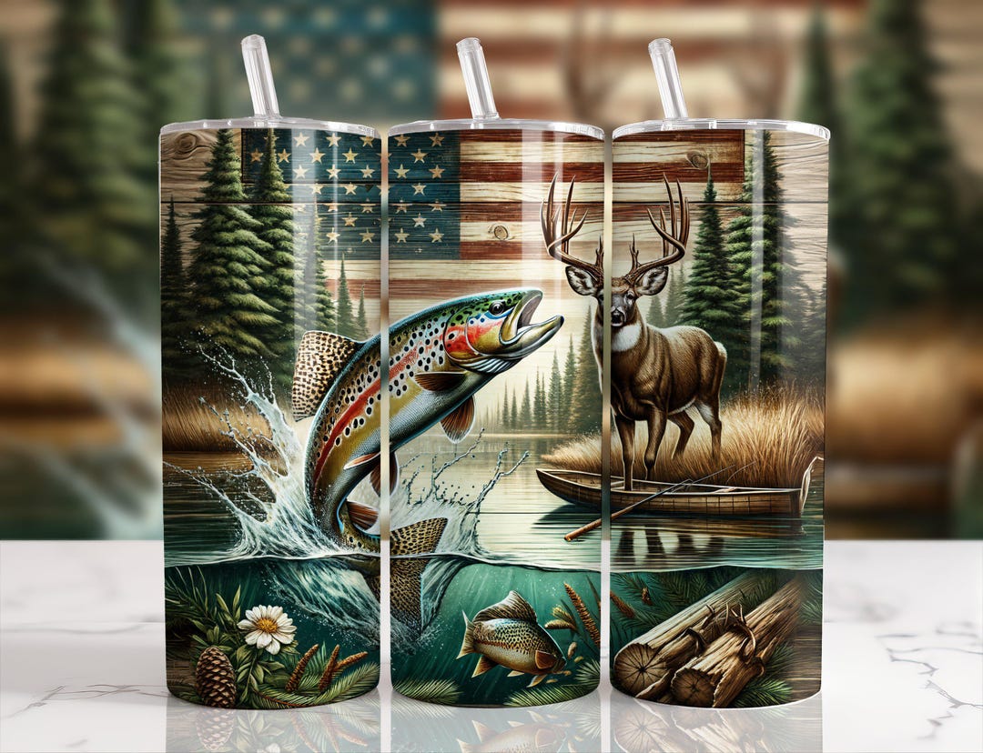 American Flag Trout Fishing Deer Camo Seamless Tumbler Wrap 20oz Skinny ...
