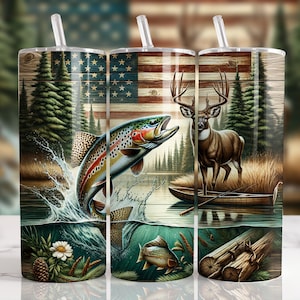 American Flag Trout Fishing Deer Camo Seamless Tumbler Wrap 20oz Skinny Tumbler Sublimation Design, Hunting Season Tumbler, digital PNG File