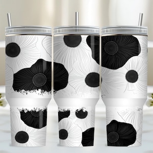 Black and White 40oz Tumbler Wrap - Floral Seamless PNG Tumbler Design Sublimation Designs Downloads - PNG, Quencher 40oz with Handle