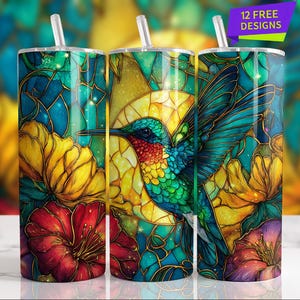 Hummingbird 20oz Skinny Tumbler Wrap, Stained Glass Style Tumbler, Floral Bird Design, Unique Gift Idea, Colorful Tumbler Design, Tumbler