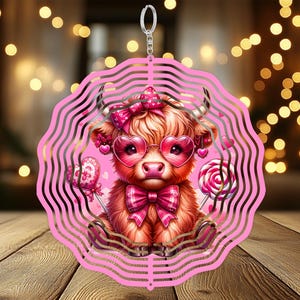 Wind Spinner PNG- Highland Cow PNG Sublimation Design, Digital Download, Valentine&#39;s Day Highland Cow Wind Spinner, Unique Wind Spinner
