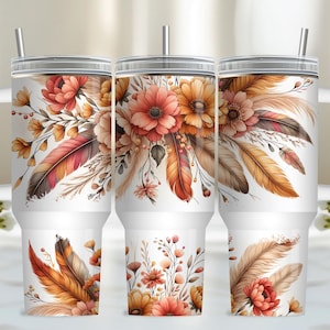 Pastel Flower Wrap for 40oz Tumbler, Boho Floral PNG Tumbler Design, Feather Sublimation Designs Downloads for 40 oz Tumbler