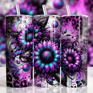 Purple Teal Sunflower 20 oz Skinny Tumbler Wrap, Floral Leopard Print Tumbler Design, Colorful Sublimation Tumbler Design,Tumbler Download