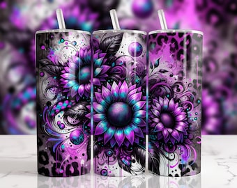 Purple Teal Sunflower 20 oz Skinny Tumbler Wrap, Floral Leopard Print Tumbler Design, Colorful Sublimation Tumbler Design,Tumbler Download