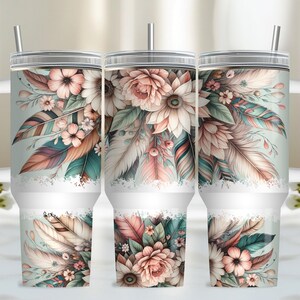 Pastel Flower Wrap for 40oz Tumbler, Boho Floral PNG Tumbler Design, Feather Sublimation Designs Downloads for 40 oz Tumbler