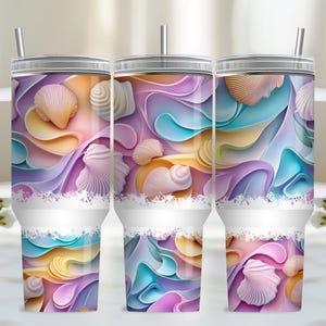 Tumbler Wrap da 40 once con conchiglia sulla spiaggia, design del tumbler PNG, download di design per sublimazione, design del tumbler con sublimazione costiera con manico