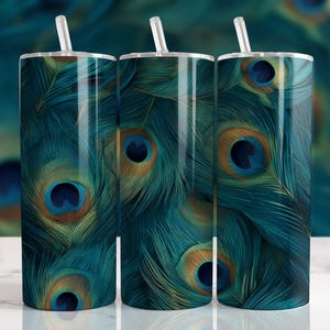 Peacock Feather 20oz Skinny Tumbler Wrap, Tumbler Sublimation Design, Elegant Feather Tumbler Design, Bird Feather Digital Download