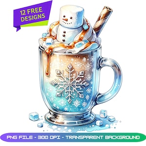Boneco de neve de marshmallow em PNG, bebidas de inverno, chocolate quente em PNG, clipart fofo, época de festas, presente de Natal, designs para impressão