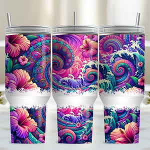Hibiscus 40oz Tumbler Wrap Modelli di design per sublimazione, 40oz png Download digitale. Beach Ocean Download, design tumbler da 40oz con manico
