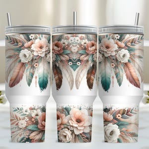 Pastel Flower Wrap for 40oz Tumbler, Boho Floral PNG Tumbler Design, Feather Sublimation Designs Downloads for 40 oz Tumbler