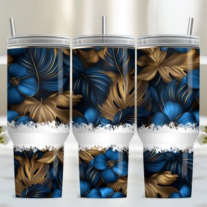 40oz Tumbler Wrap, PNG Tumbler Design Sublimation Design Downloads, Blue Floral Sublimation Design Tumbler with Handle Wrap