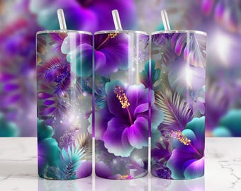 Fioletowy Hibiskus 20oz Skinny Tumbler Wrap, Kwiatowy Wzór Tumblera, Tropikalne Kwiaty Tumbler, Prezent Dla Niej, Wzór Sublimacji, Szablon Tumblera