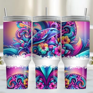 Tumbler Wrap da 40 once Dolphin, modello per sublimazione Ocean da 40 once, tumbler wrap floreale da spiaggia tropicale estiva da 40 once