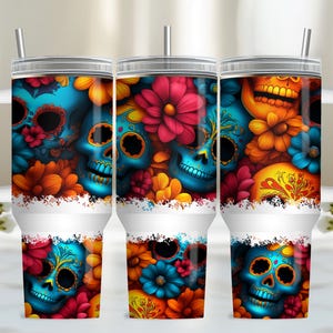 Skull Flower 40oz Tumbler Wrap, PNG Tumbler Design Sublimation Design Downloads, Quencher 40oz Tumbler with Handle Wrap
