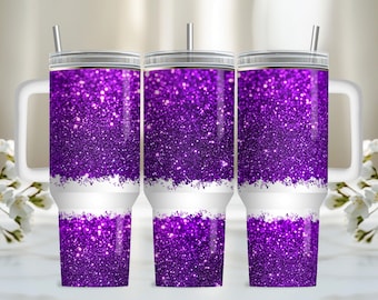 Purple Glitter 40oz Tumbler Wrap, PNG Tumbler Design Sublimation Design Downloads, Glitter Quencher 40oz Tumbler with Handle Wrap