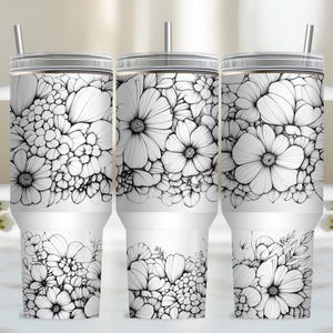 Black and White 40oz Tumbler Wrap - Floral Seamless PNG Tumbler Design Sublimation Designs Downloads - PNG, Quencher 40oz with Handle