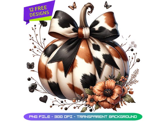 Cow Print Pumpkin Png Designs, Floral Fall Pumpkin Art, Autumn Sublimation Pngs, Cute Fall Png, Pumpkin Png, Autumn Cow Print Bows
