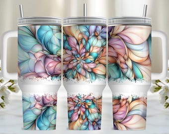 Boho Flower 40oz Tumbler Wrap, Pastel Sublimation design template, Spring floral 40oz png Digital download, Floral 40oz tumbler with handle