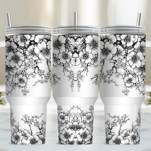 Black and White Flower 40oz Tumbler Wrap Sublimation design templates, 40oz png Digital download, 40oz tumbler with handle design