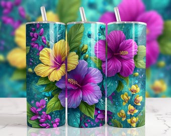 Hibiscus Flower 20 oz Skinny Tumbler Wrap Design, Floral Tumbler Png, Colorful Hibiscus Tumbler, Tropical Flowers Tumbler Sublimation
