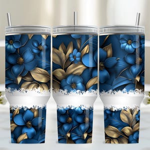 Blue Gold Floral 40oz Tumbler Wrap, PNG Tumbler Design Sublimation Designs Downloads, 40oz Sublimation Tumbler with Handle Wrap