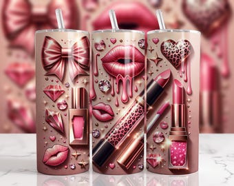 May include: Three pink tumblers with straws, adorned with beauty-themed designs. Each tumbler features a different design: a bow, dripping lips, and a leopard-print heart. Other designs include lipstick, diamonds, and stars.