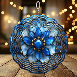 Blue Stained Glass Floral Wind Spinner Png, Flower Design, Abstract Artwork, Decorative Art, Digital Download, Sublimation Design