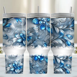 Blue Flower 40oz Tumbler Wrap, PNG Tumbler Design Sublimation Design Downloads, Pink Floral Sublimation Design Tumbler with Handle Wrap