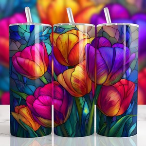 Bunte Tulpen 20 Unzen Skinny Tumbler Wrap, Floral Tumbler Design, Frühlingsbecher, Blumen Tumbler Wrap, Tumbler Geschenk, Sublimationsbecher