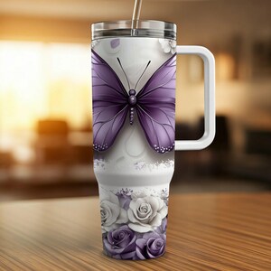 Purple Butterfly 40oz Tumbler Wrap, PNG Tumbler Design Sublimation Designs Downloads, Flower Butterfly Sublimation Tumbler with Handle Wrap image 2