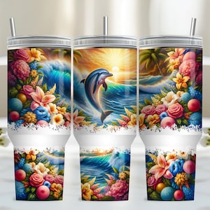 Tumbler Wrap da 40 once Dolphin, modello per sublimazione Ocean da 40 once, tumbler wrap floreale da spiaggia tropicale estiva da 40 once